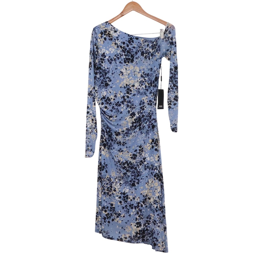 White House Black Market Dress Womens S OTS Mesh Printed Midi Blue Floral NEW